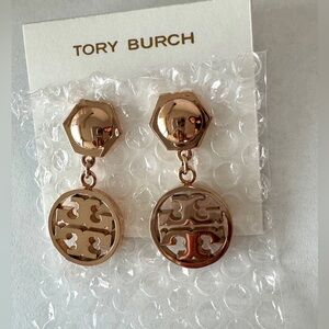 Tory Burch Large Rose Gold logo Hexagonal Drop Earrings. New!